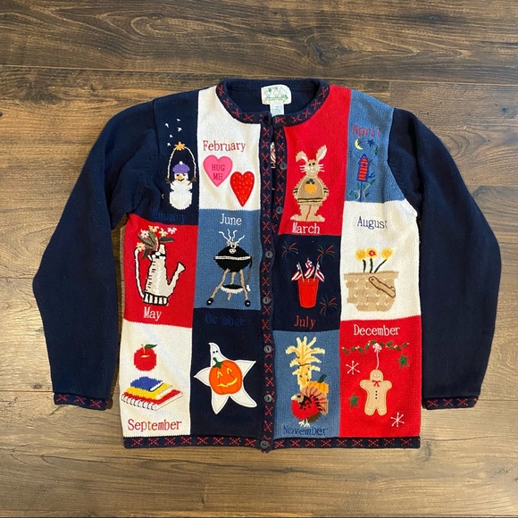 Vintage Sweaters - Vintage Quacker Factory Months of the year Calendar Button up Cardigan sweater